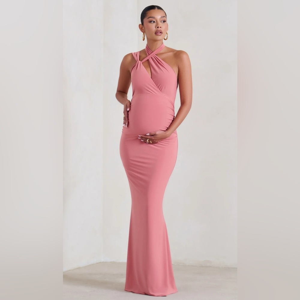 Club L London Pink Halter Maternity Maxi Dress